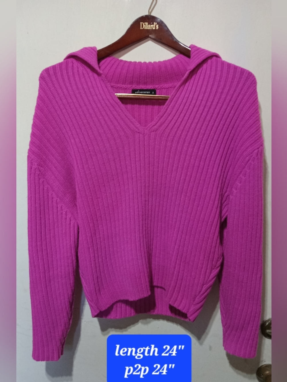 Olivaceous Ribbed V-Neck Hoodie Sweater - Fuchsia Pink